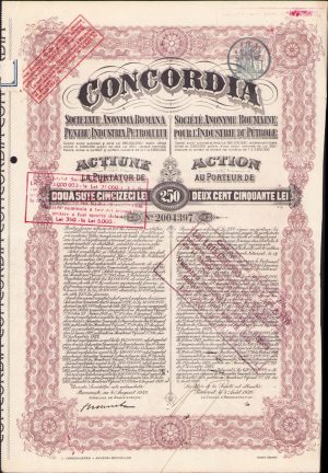 Acțiune la purtător de 250 lei Concordia, interbelică