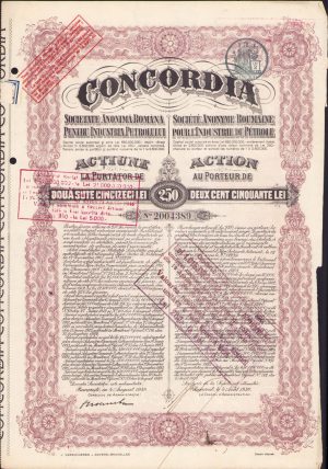 Acțiune la purtător de 250 lei Concordia, interbelică