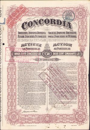 Acțiune la purtător de 250 lei Concordia, interbelică