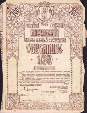 Obligațiune de 100 lei Primăria orașului București, interbelică