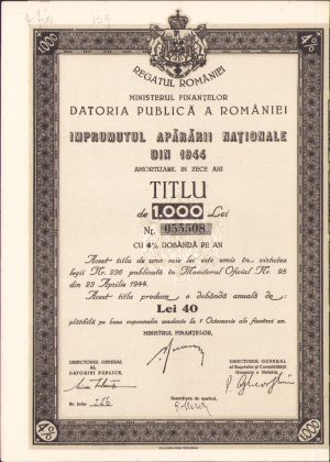 Împrumutul Apărării Naționale 1944 titlu de 1000 lei