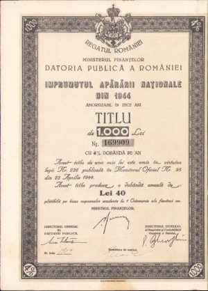 Împrumutul Apărării Naționale 1944 titlu de 1000 lei