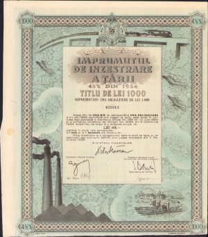 Împrumutul de înzestrare a țării din 1934 titlu de 1000 lei