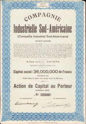 Acțiune Compagnie Industrielle Sud-Americaine