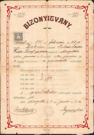 Certificat de lăcătuș-mecanic, 1913, Marghita, județul Bihor