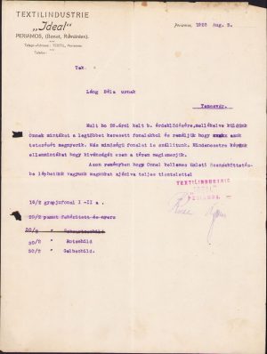 Scrisoare de afaceri, 1923, Fabrica de textile din Periam, județul Timiș, în limba maghiară