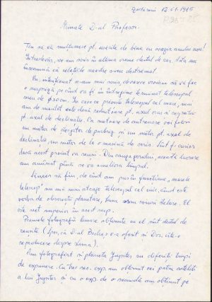 Scrisoare olografă Nicolae Reinholz, Observatorul astronomic de la Zădăreni, județul Arad, 1985