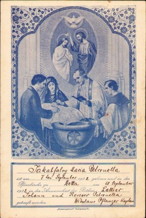 Mărturie romano-catolică de botez, 1932, Deta, județul Timiș