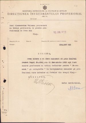 Numire învățătoare, 1935, Școala profesională fete Cluj