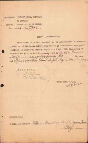 Numire învățătoare, 1933, Școala profesională fete Cluj