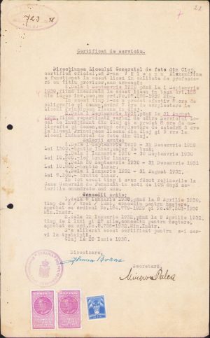 Certificat de serviciu învățătoare, 1938, Cluj