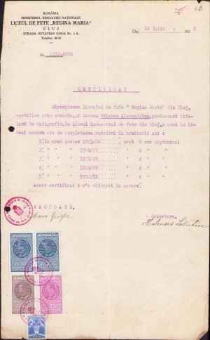 Certificat de serviciu învățătoare, 1938, Liceu fete Regina Maria Cluj
