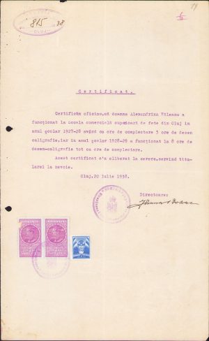 Certificat de serviciu învățătoare, 1938, Școala comercială fete Cluj