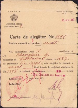 Carte de alegător, România, 1931