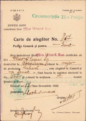 Carte de alegător, România, 1933