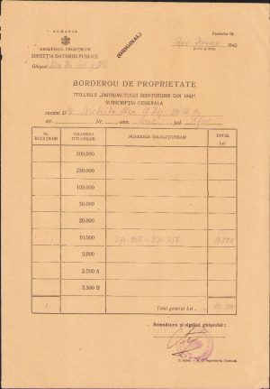 Borderou proprietate titlu Împrumutul Reîntregirii din 1941