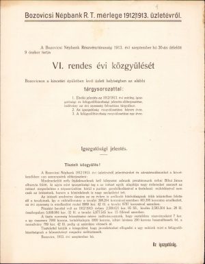 Convocare Adunarea generală Banca Poporală Bozovici, 1913