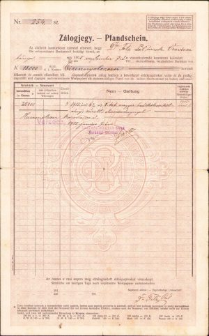 Titlu de garanție, 1915, dr. Fitz Pál din Oravița, Osztrák-Magyar Bank Vârșeț