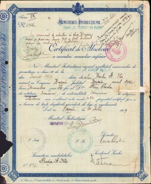 Certificat absolvire curs secundar inferior, 1929, Liceu Hașdeu, Buzău