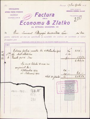 Factură Economu & Zlatko București drogherie coloniale fotografie, 1913, cu un colț defect