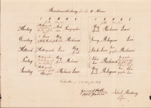 Orar școlar oficial al școlii din Tomnatic, azi în județul Timiș, 1879, scris de mână