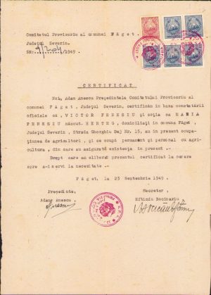 Certificat de agricultor, 1949, Făget, județul Timiș
