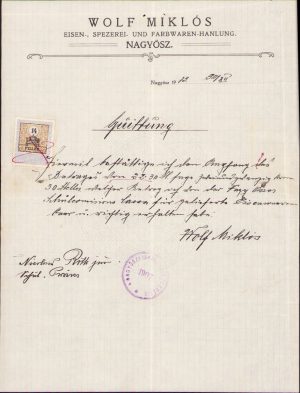 Chitanță cu antet Wolf Miklós Fierărie coloniale textile Tomnatic, județul Timiș, 1913
