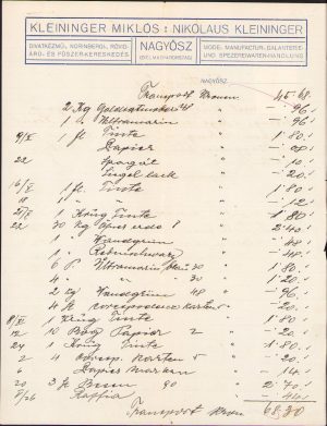 Factură cu antet Kleininger Miklós Coloniale textile Tomnatic, județul Timiș, ante 1918
