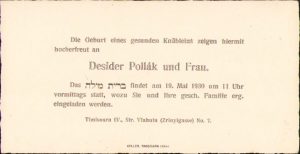 Anunț naștere, 1930, familia de evrei Pollak, Timișoara