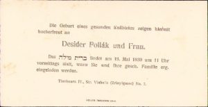 Anunț naștere, 1930, familia de evrei Pollak, Timișoara