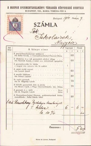 Factură, 1914, Magyar Gyermektanulmany Tarsasag Konyvkiado