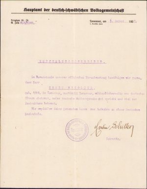 Scrisoare de recomandare, 1922, Deutsch-schwabischen Volksgemeinschaft, Timișoara