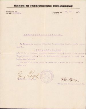 Scrisoare de recomandare, 1922, Deutsch-schwabischen Volksgemeinschaft, Timișoara
