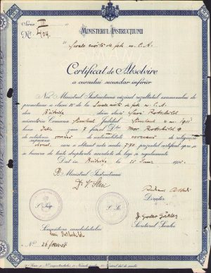 Certificat absolvire Școala civilă fete Bistrița, 1925, elevă evreică