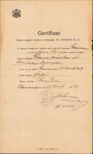 Certificat de naștere, 1929, Căvăran