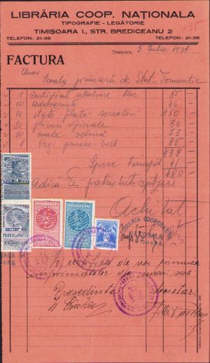 Factură cu antet Librăria Cooperativa Națională Timișoara, 1938