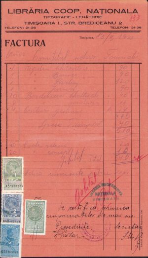 Factură cu antet Librăria Cooperativa Națională Timișoara, 1938