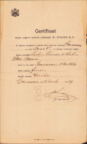Certificat de naștere, 1929, Căvăran