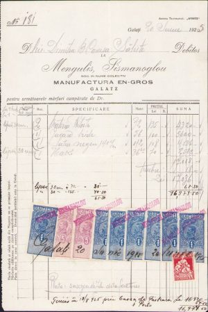 Factură, 1925, Mengulis Sismanoglou, Galați, pentru Dimitrie Comșa, Săliște
