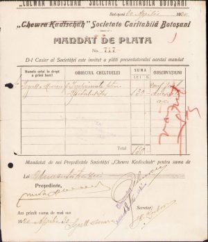 Mandat, 1920, Chewra Kadischah Societate caritabilă israelită Botoșani