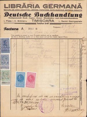 Factură Librăria germană Timișoara, 1938