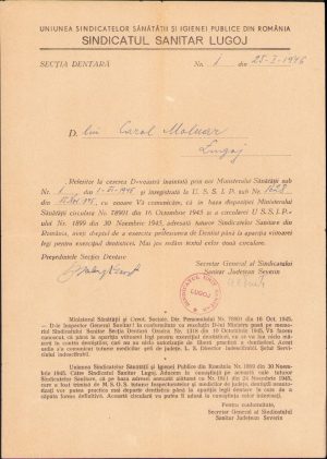 Drept de liberă practică dentist Lugoj, 1946