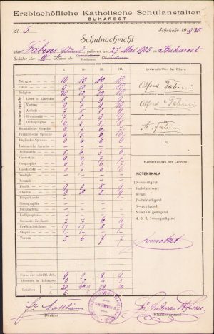 Erzbischöflische Katolische Schulanstalten Bukarest, 1920, certificat școlar