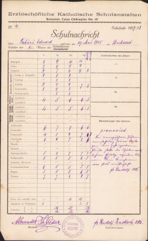 Erzbischöflische Katolische Schulanstalten Bukarest, 1918, certificat școlar