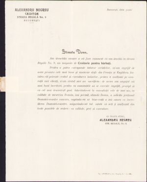 Reclamă a croitorului Alexandru Negru din București, circulată poștal, 1910
