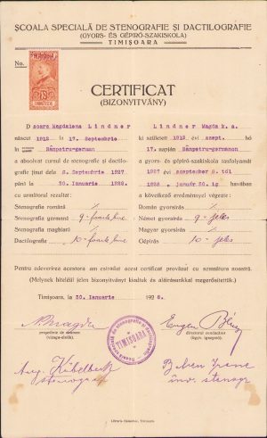 Certificat profesional stenografă dactilografă, 1928, Timișoara