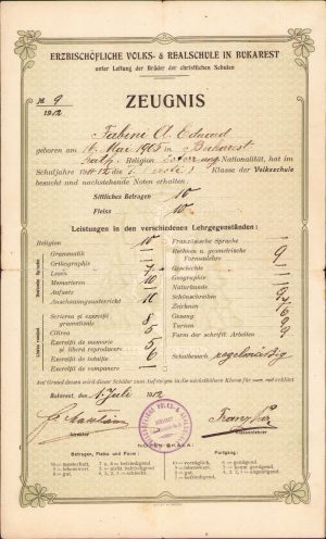Erzbischöfliche Volks- und Realschule in Bukarest, 1912, certificat școlar