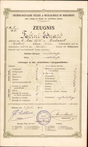 Erzbischöfliche Volks- und Realschule in Bukarest, 1914, certificat școlar