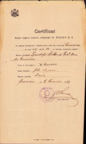 Certificat de naștere, 1929, Căvăran