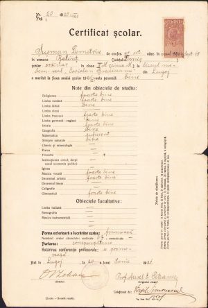 Certificat școlar Liceul Coriolan Brediceanu, 1921, Lugoj